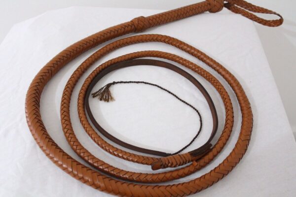 s-l1200 Bullwhip 8 ft Natural Tan handcrafted full-grain leather whip for training, performance, and collection.